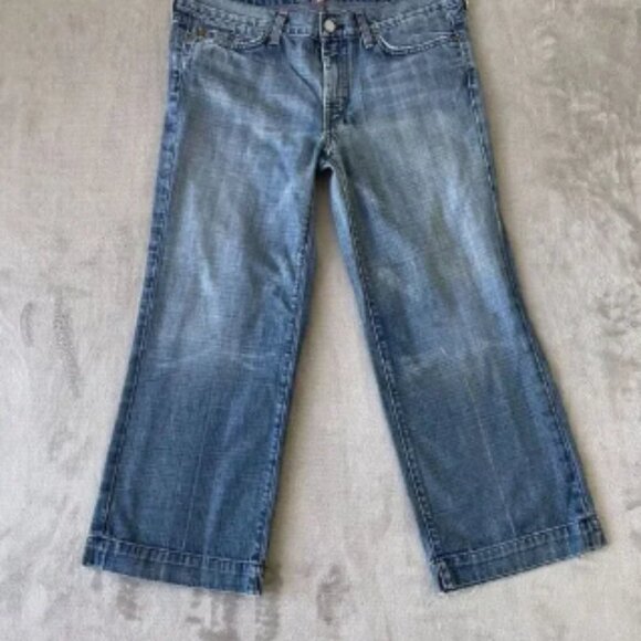 7 for‎ all Mankind Dojo Flare Wide Leg Jeans Women 31 (32x26) Blue Wash Zip Fly - Picture 1 of 5